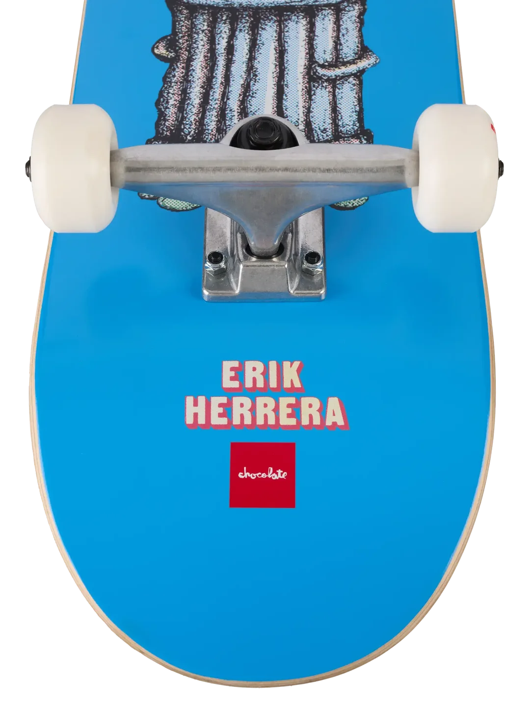 A close-up top-down view of a skateboard deck with a bright blue graphic background, white wheels, silver trucks, and visible branding including 'ERIK HERRERA' and a red 'chocolate' logo.