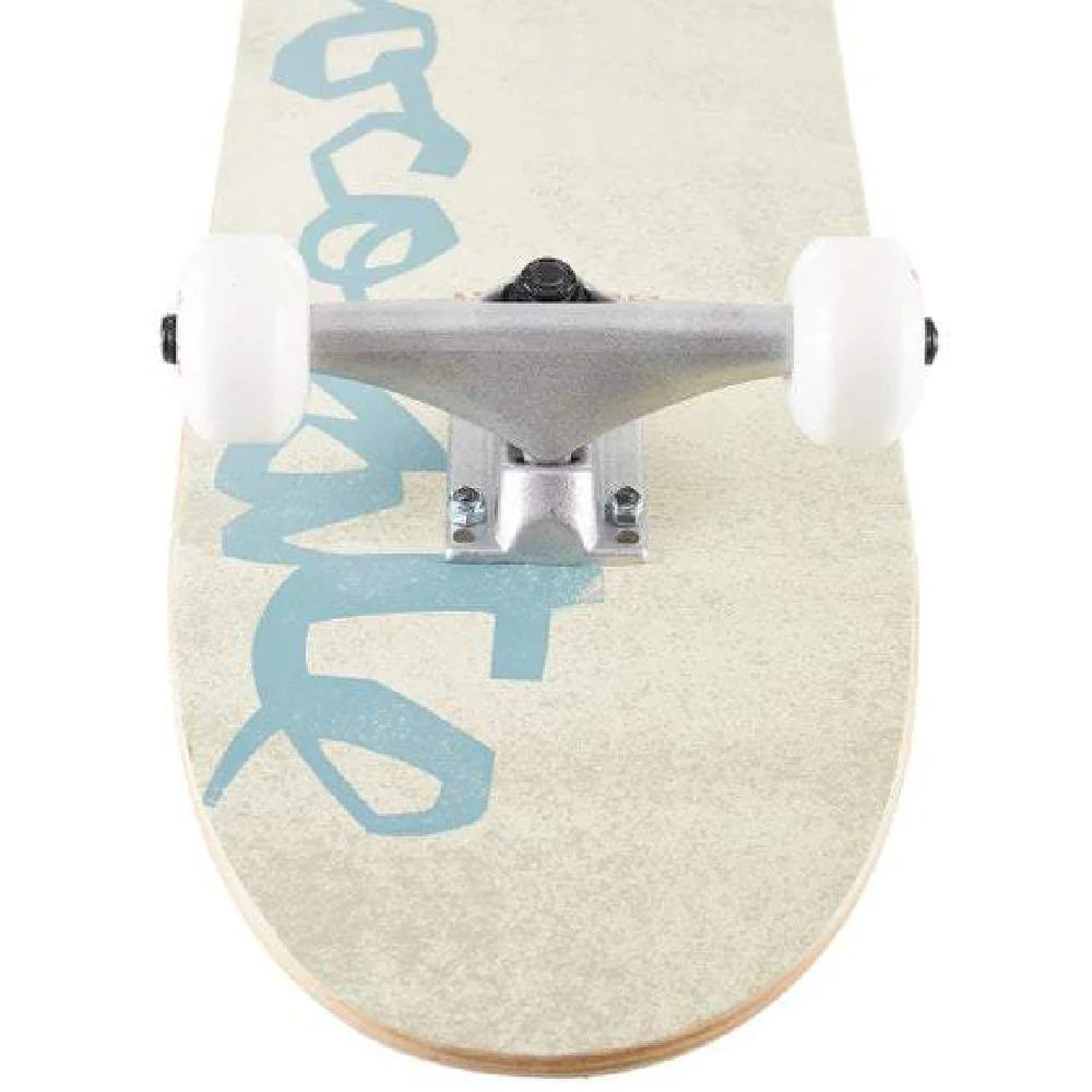 Skateboard with blue text on a white background
