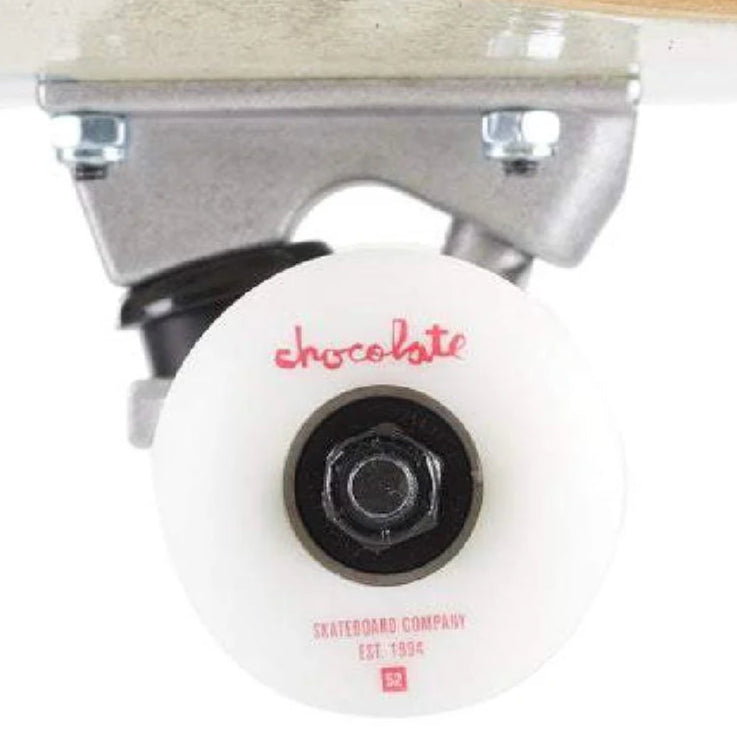 Close-up of a skateboard wheel with 'Chocolate' branding on a white background