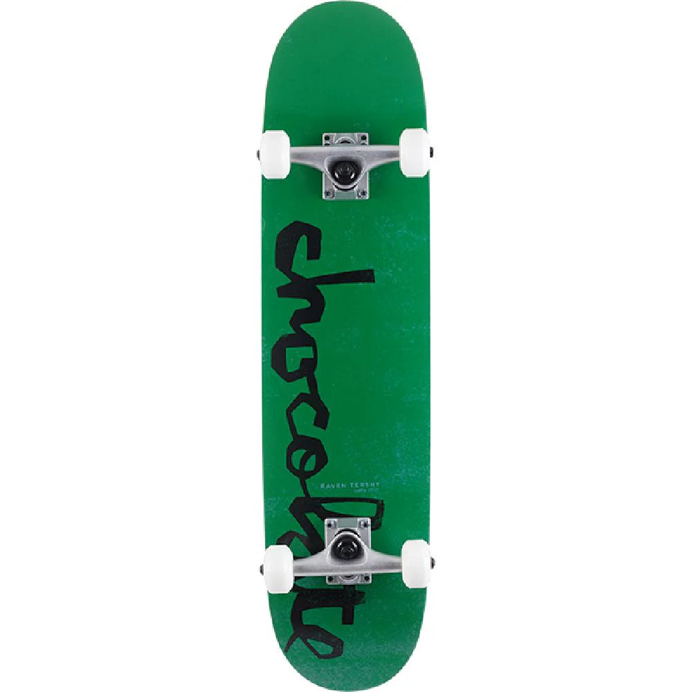 Green skateboard with black logo on a white background