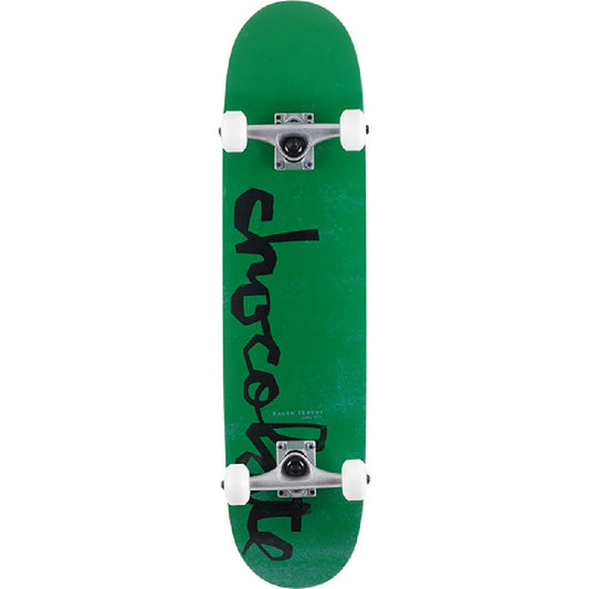 Green skateboard with black logo on a white background