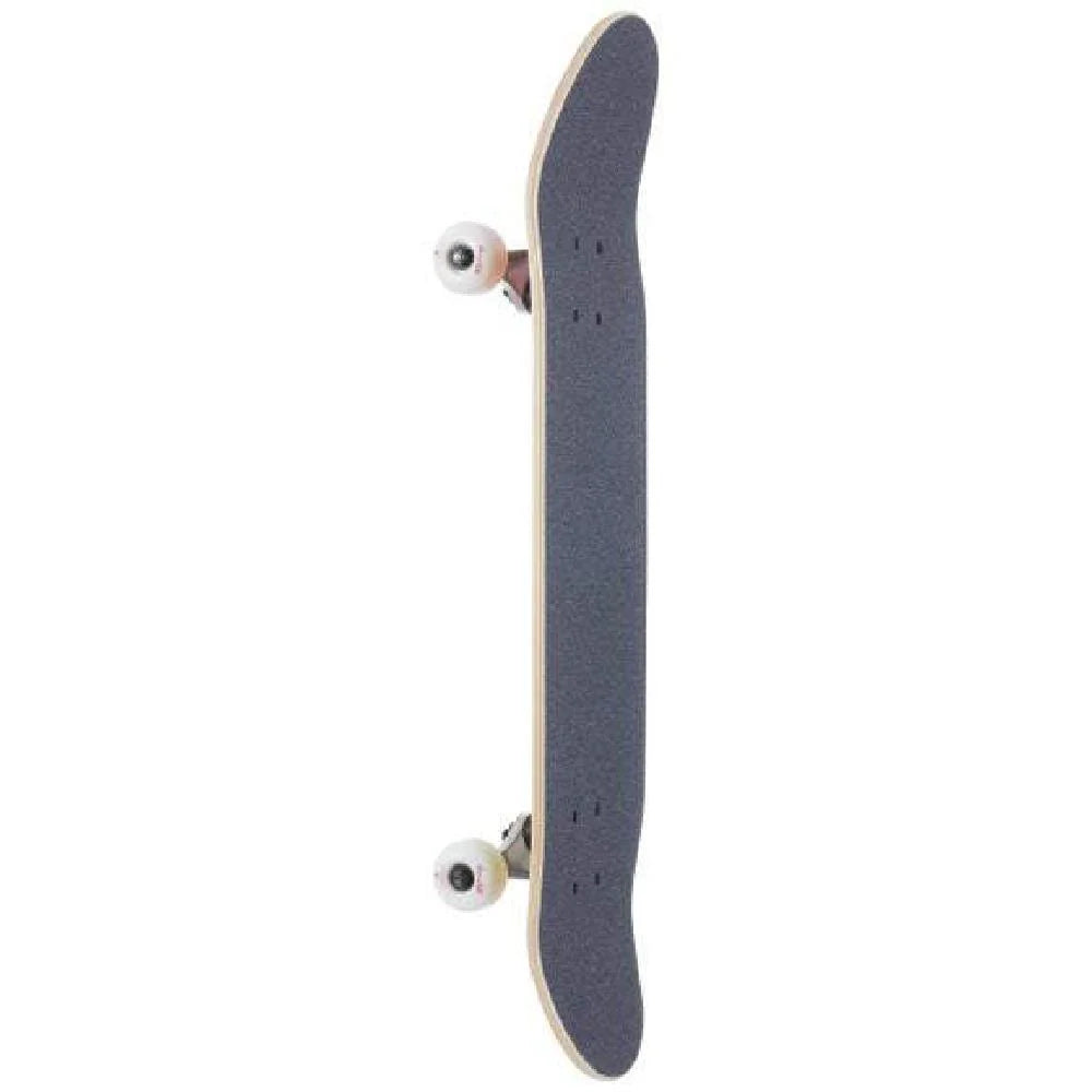 Skateboard with a gray deck and white trucks on a white background