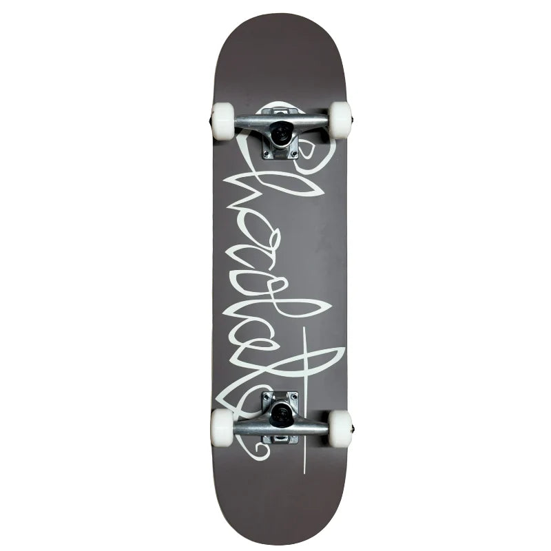 A skateboard with a dark gray deck featuring a large white cursive graphic, mounted with white wheels and silver trucks, shown against a plain white background.