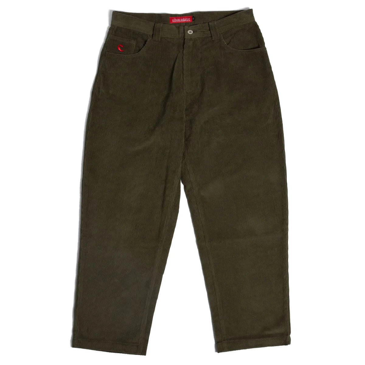 Olive green corduroy pants on a white background