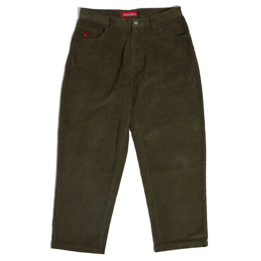Olive green corduroy pants on a white background
