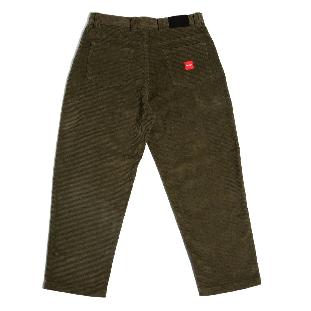 Olive green corduroy pants with a red label on a white background