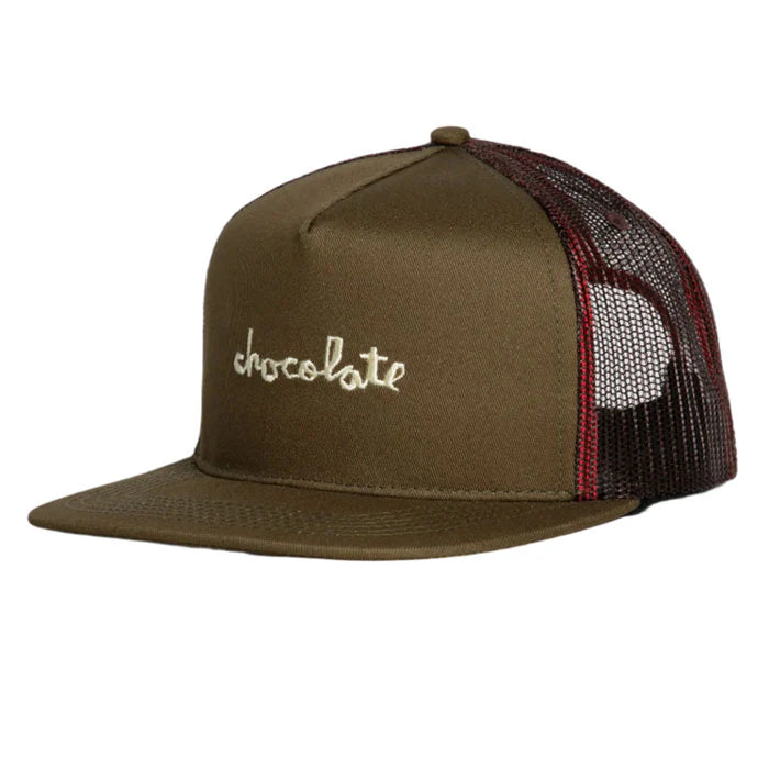 Brown trucker cap with 'chocolate' logo on a white background