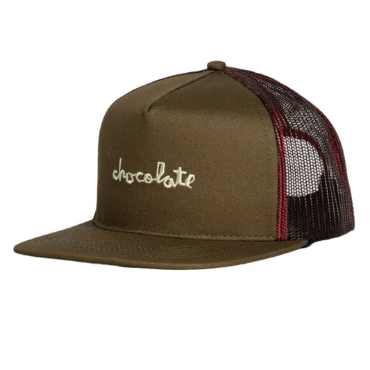 Brown trucker cap with 'chocolate' logo on a white background