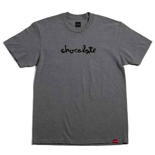 A dark heather gray crewneck t-shirt with the word 'chocolate' printed in black cursive across the chest, displayed flat against a white background.