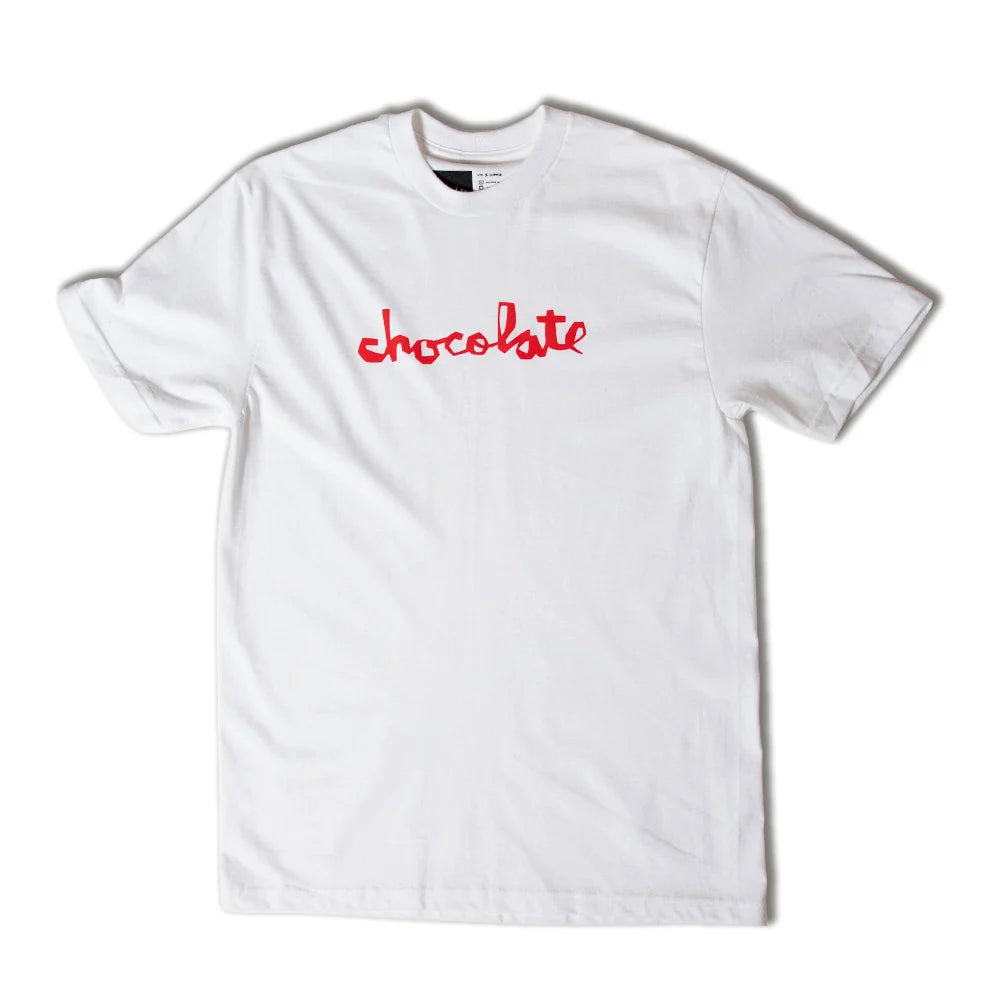 A white short-sleeve crewneck t-shirt with the word 'chocolate' printed in red cursive script across the chest, displayed flat against a white background.