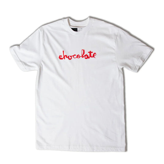 A white short-sleeve crewneck t-shirt with the word 'chocolate' printed in red cursive script across the chest, displayed flat against a white background.