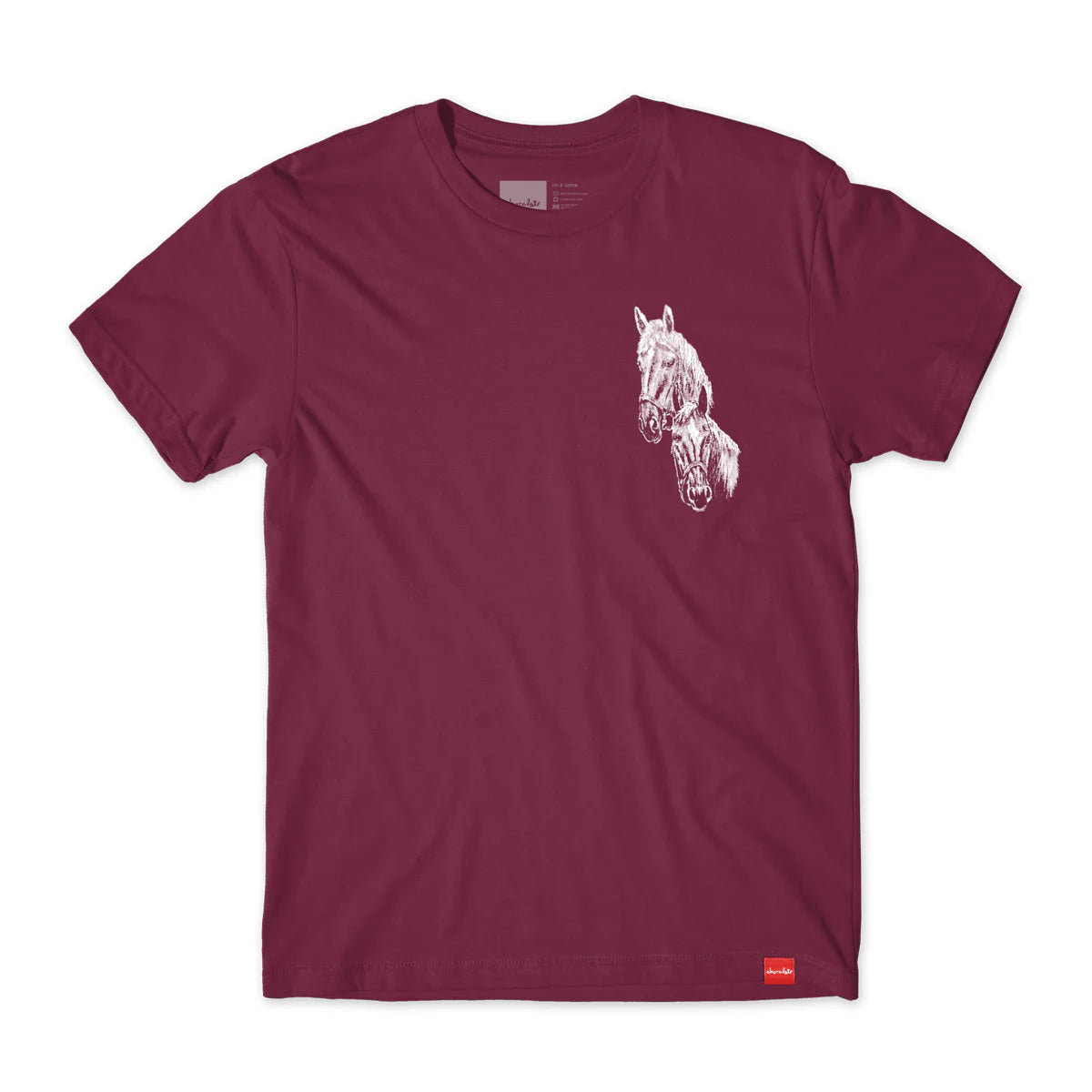 Maroon t-shirt with a white horse graphic on a white background