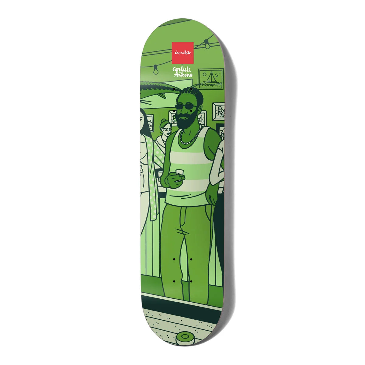 A skateboard deck featuring a green and white graphic illustration of a man in a striped tank top and sunglasses, with the 'Grizz' brand logo visible near the top.