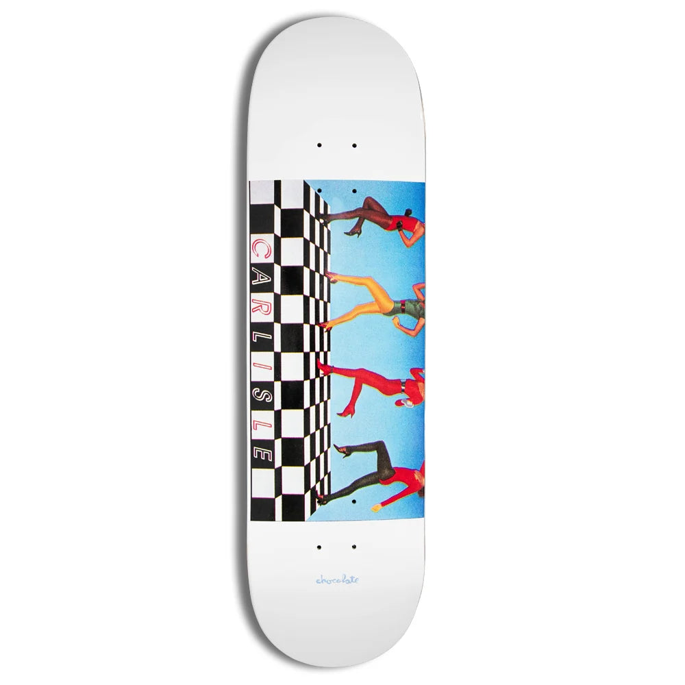 Skateboard deck with checkered pattern and colorful graphic on a white background