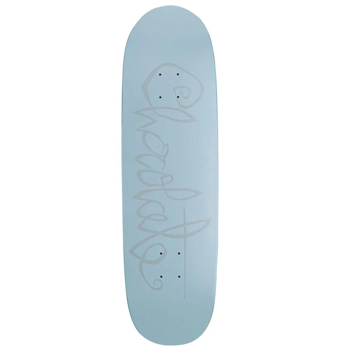 A light blue skateboard deck with a white stylized script logo printed vertically on the underside, shown against a plain white background.