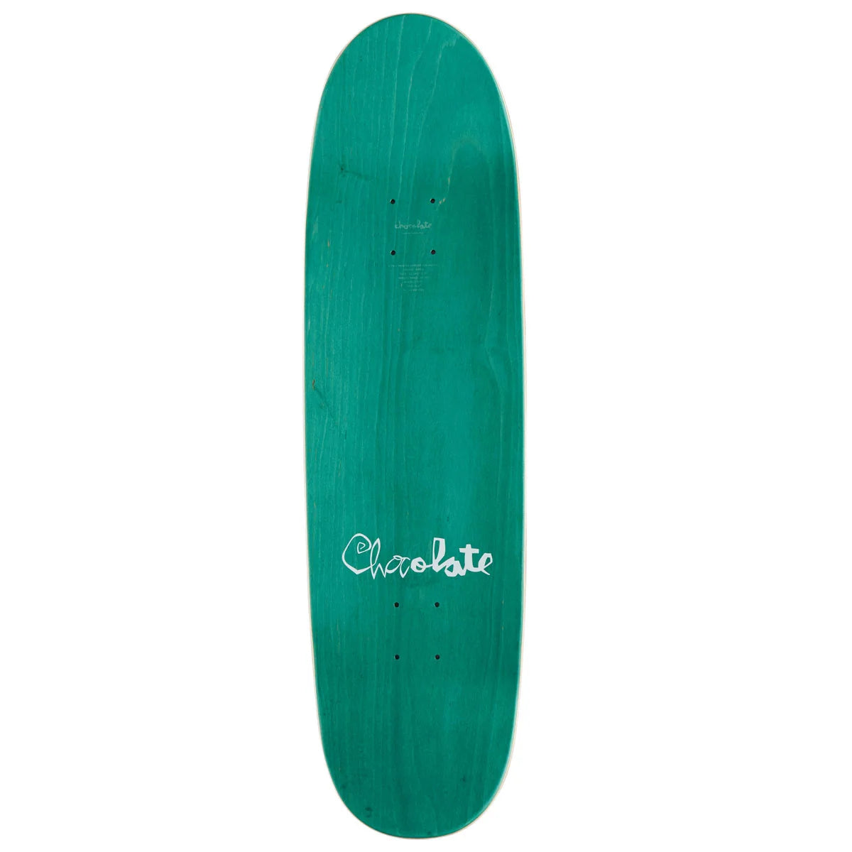 A teal green skateboard deck with the brand name 'Chocolate' printed in white script near the center, shown against a plain white background.