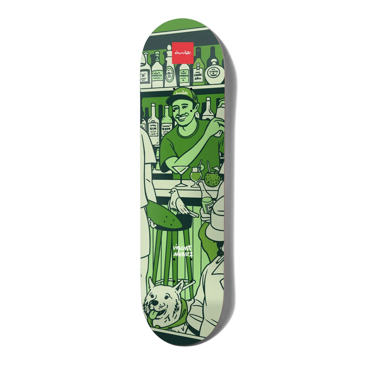 A skateboard deck featuring a green and white graphic illustration of a bartender scene with a dog, shown on a clean white background.