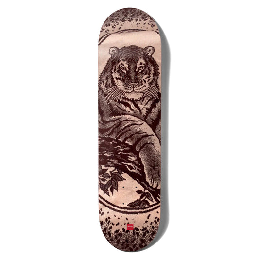 Skateboard deck with a tiger design on a beige background