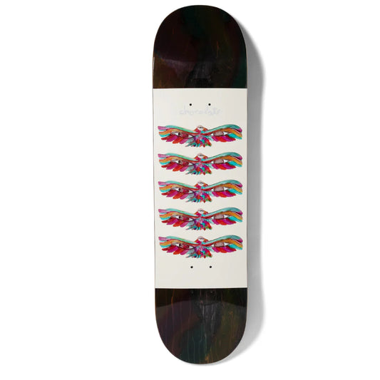 Skateboard deck with colorful eagle design on a white background
