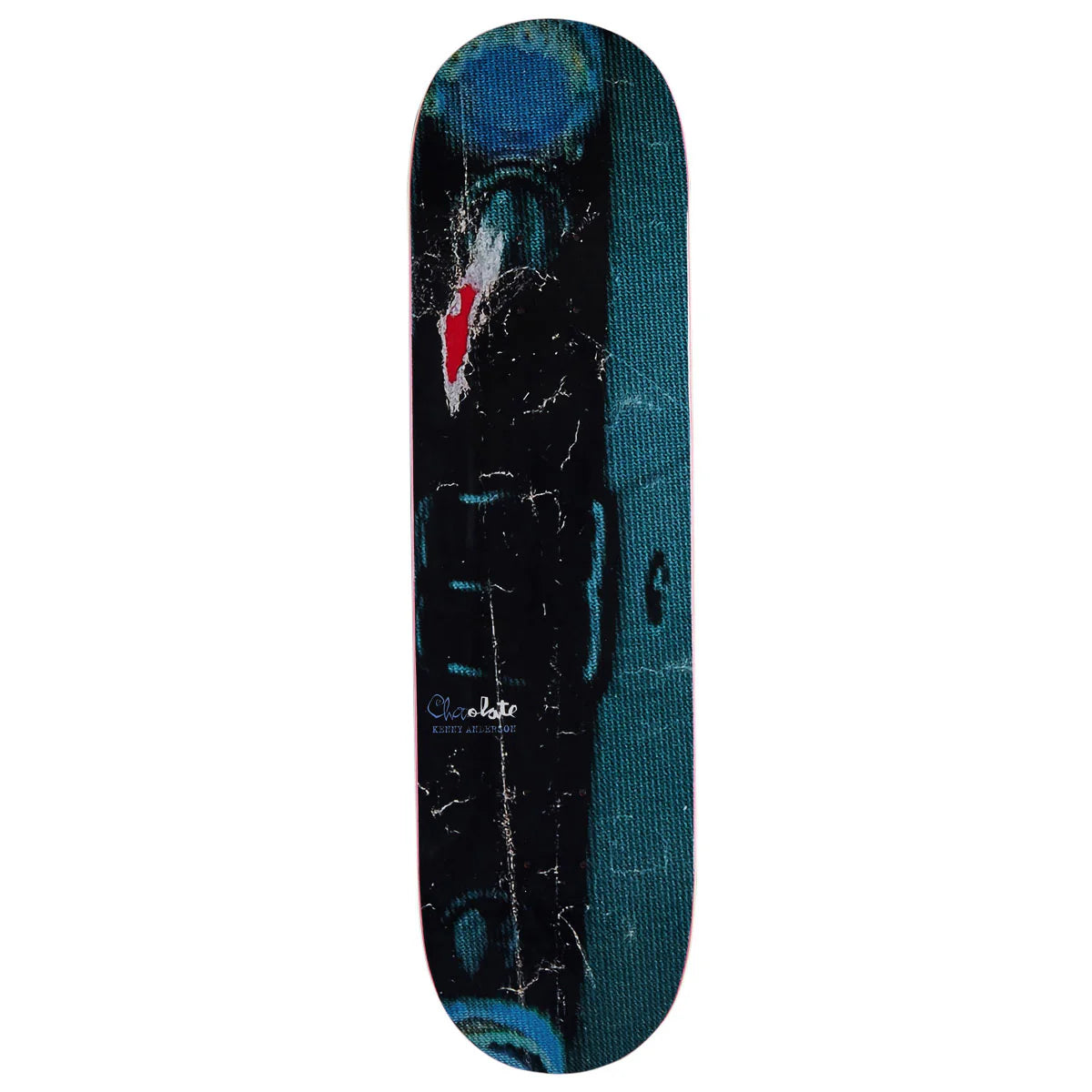 Skateboard deck with a black and blue design on a white background