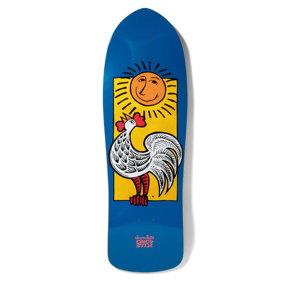 Skateboard deck with a rooster and sun design on a blue background