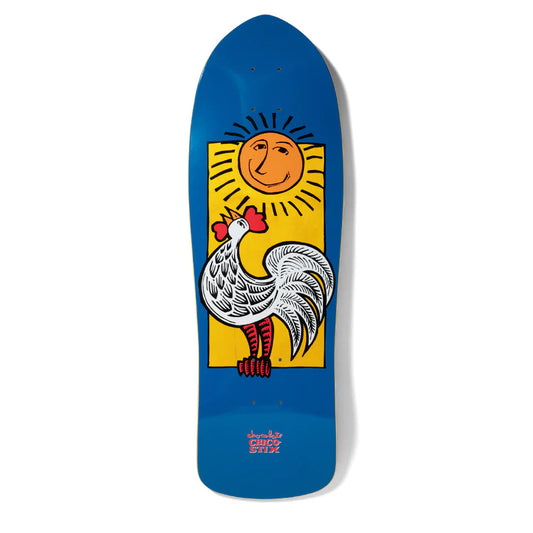 Skateboard deck with a rooster and sun design on a blue background