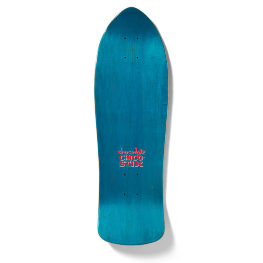 Blue skateboard deck with 'Choco Stix' logo on a white background