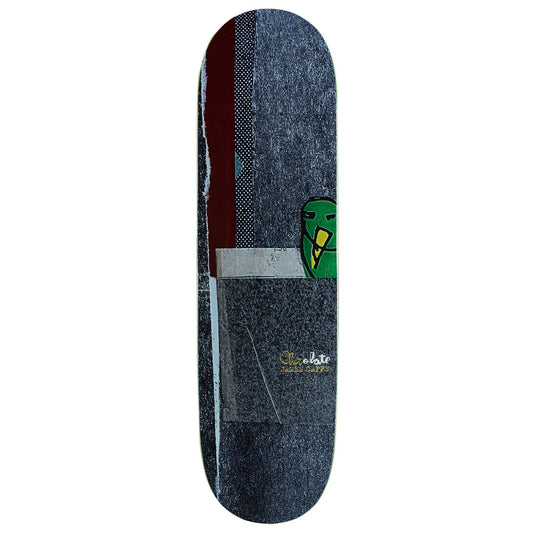 Skateboard deck with a green and yellow logo on a white background