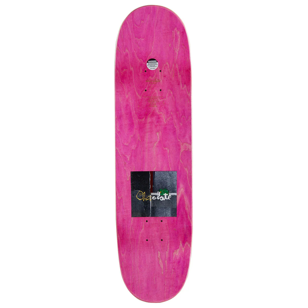 Pink skateboard deck with a brand logo on a white background