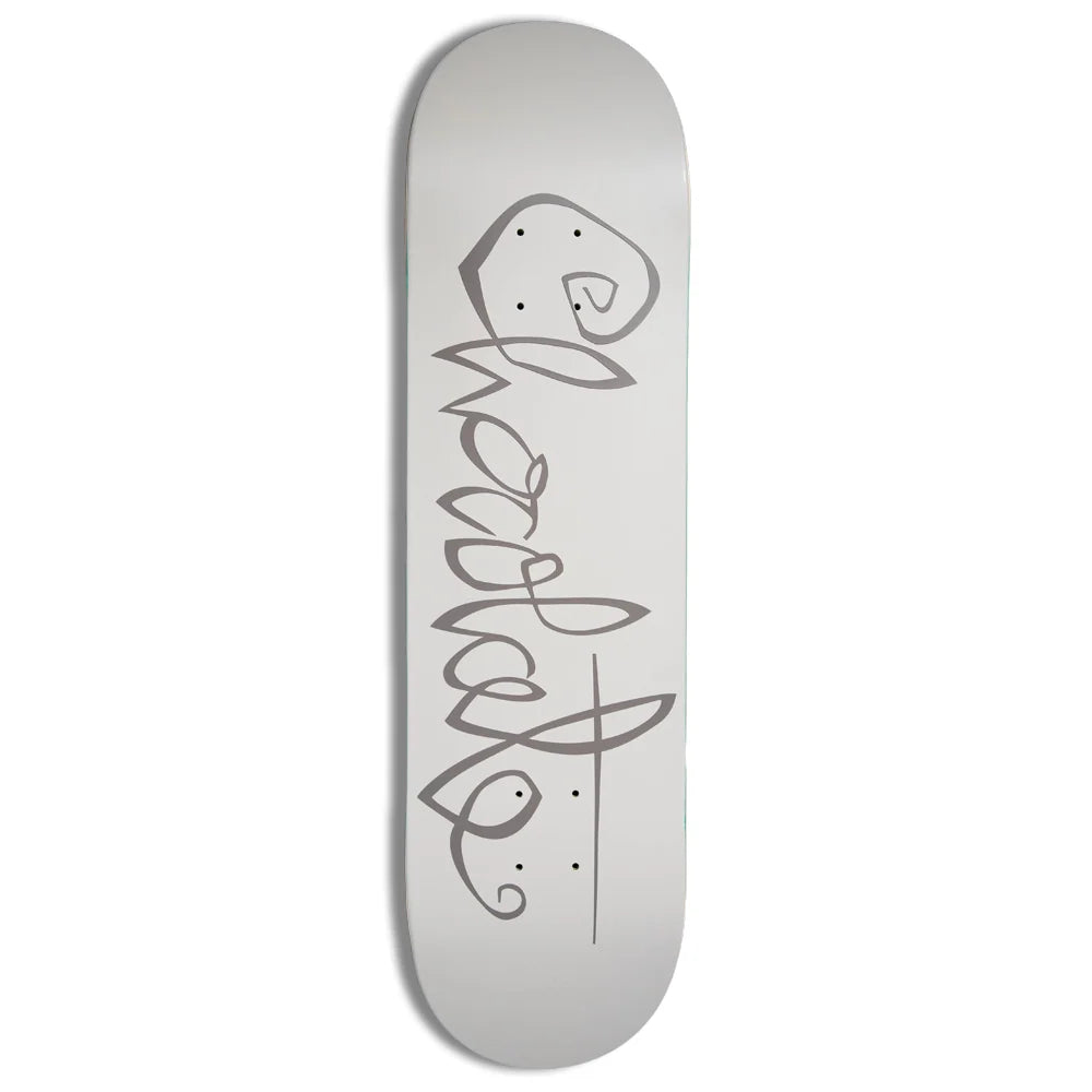 Skateboard deck with a logo and text on a white background