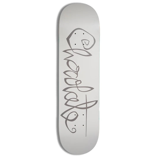 Skateboard deck with a logo and text on a white background