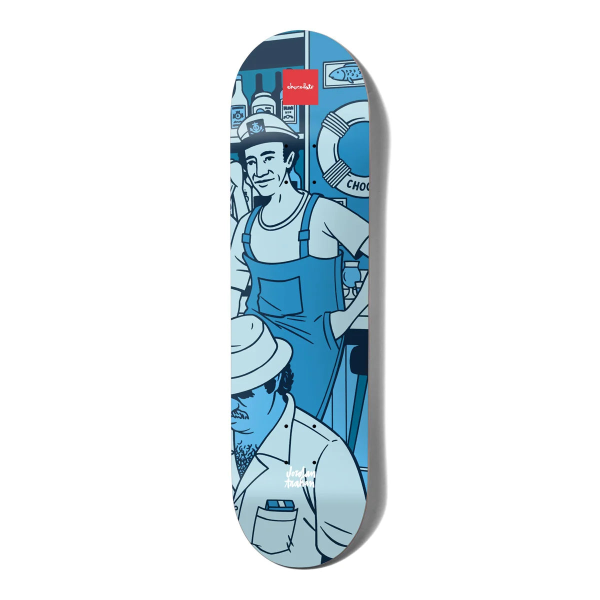 A skateboard deck with a blue and white graphic illustration of workers and safety equipment, shown vertically on a white background with a soft drop shadow.