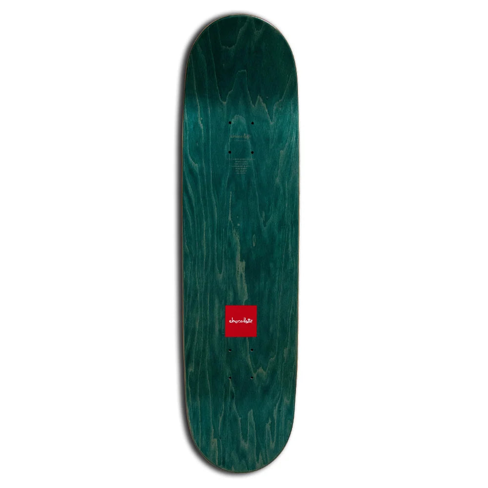 A skateboard deck with a dark teal-green wood grain finish and a small red square logo near the bottom center, shown against a plain white background.