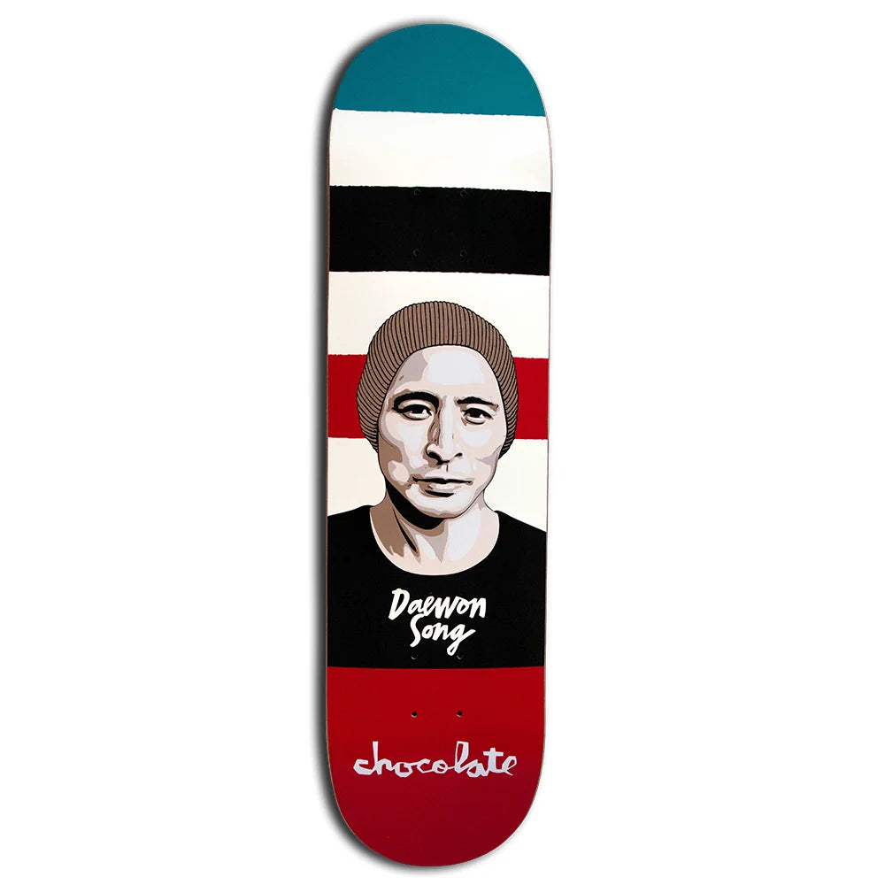 A skateboard deck featuring a graphic portrait of Dawson Song on a background of horizontal black, white, and red stripes, with a teal section at the nose and a red tail. The word 'chocolate' is printed in white script on the red tail.