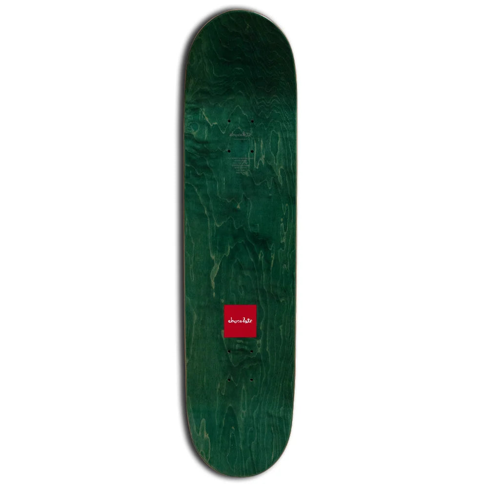 A skateboard deck with a dark green wood grain finish and a small red square logo near the bottom, shown against a plain white background.