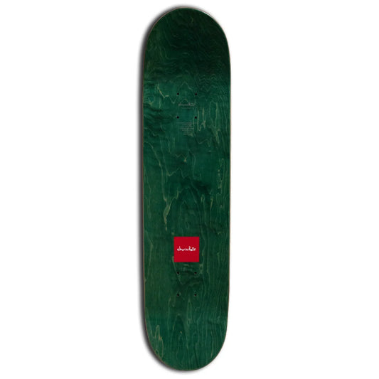 A skateboard deck with a dark green wood grain finish and a small red square logo near the bottom, shown against a plain white background.