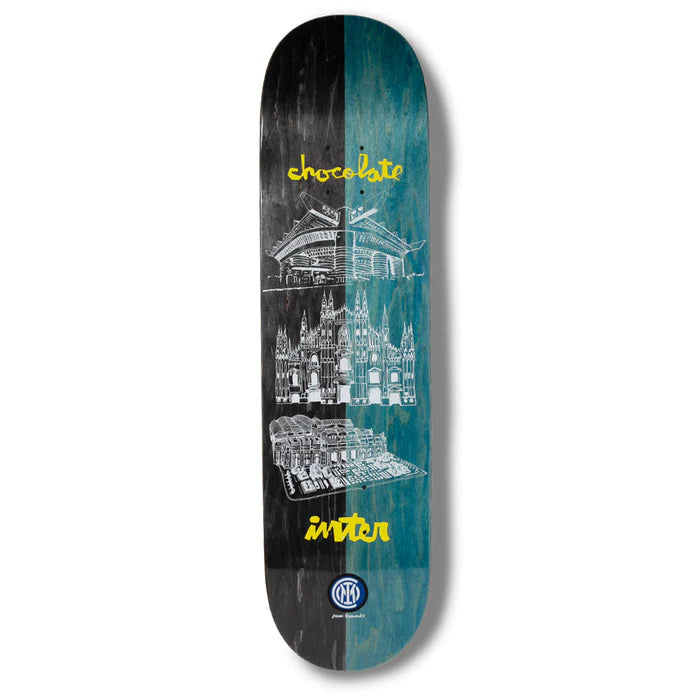 Skateboard deck with architectural design and 'Chocolate' branding on a white background