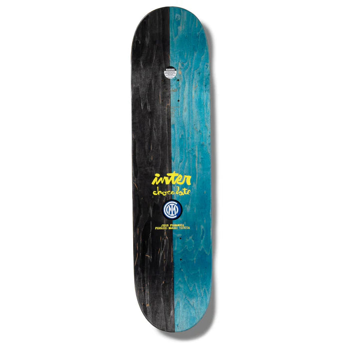 Skateboard deck with a black and blue design on a white background