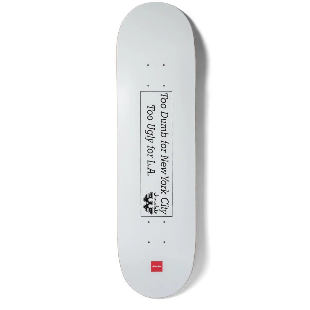 Skateboard deck with text and logo on a white background