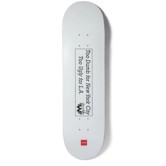 Skateboard deck with text and logo on a white background