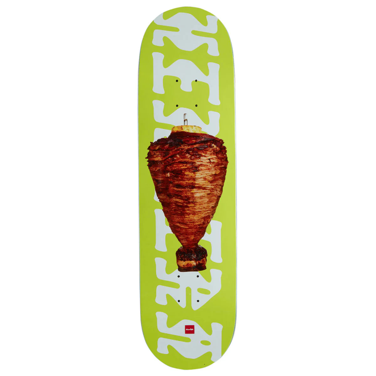 Skateboard deck with a green background and a large piece of meat on top