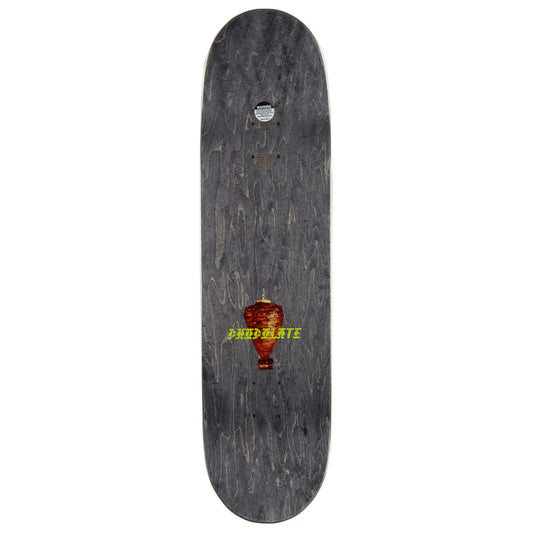 Skateboard deck with a logo on a white background