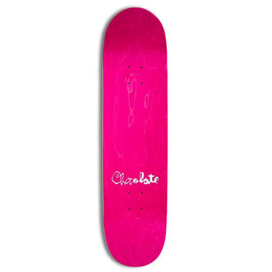 A bright hot pink skateboard deck with a white script logo reading 'Chocolate' on the underside, shown against a plain white background.