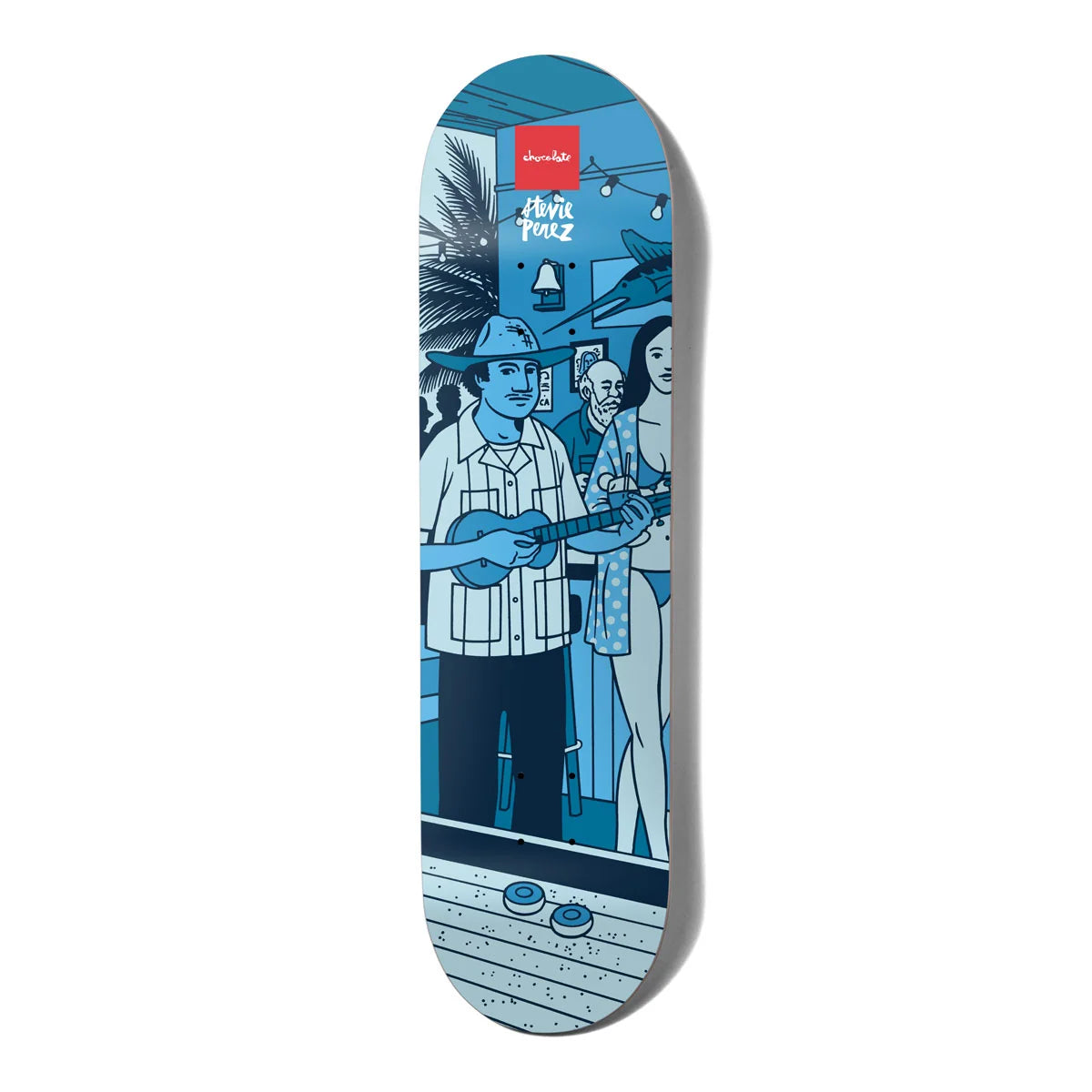 A skateboard deck featuring a blue-toned illustrated graphic of people at a beach bar