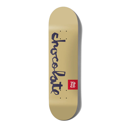 Beige skateboard deck with 'Chocolate' logos on a white background