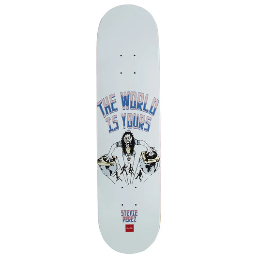 Skateboard deck with graphic design and text on a white background