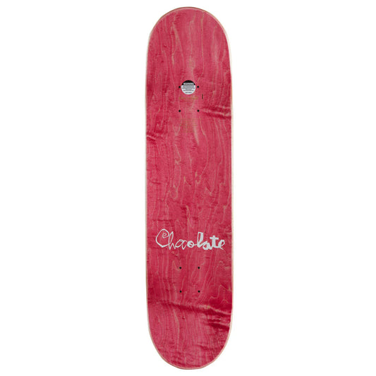 Red skateboard deck with 'Chocolate' logo on a white background