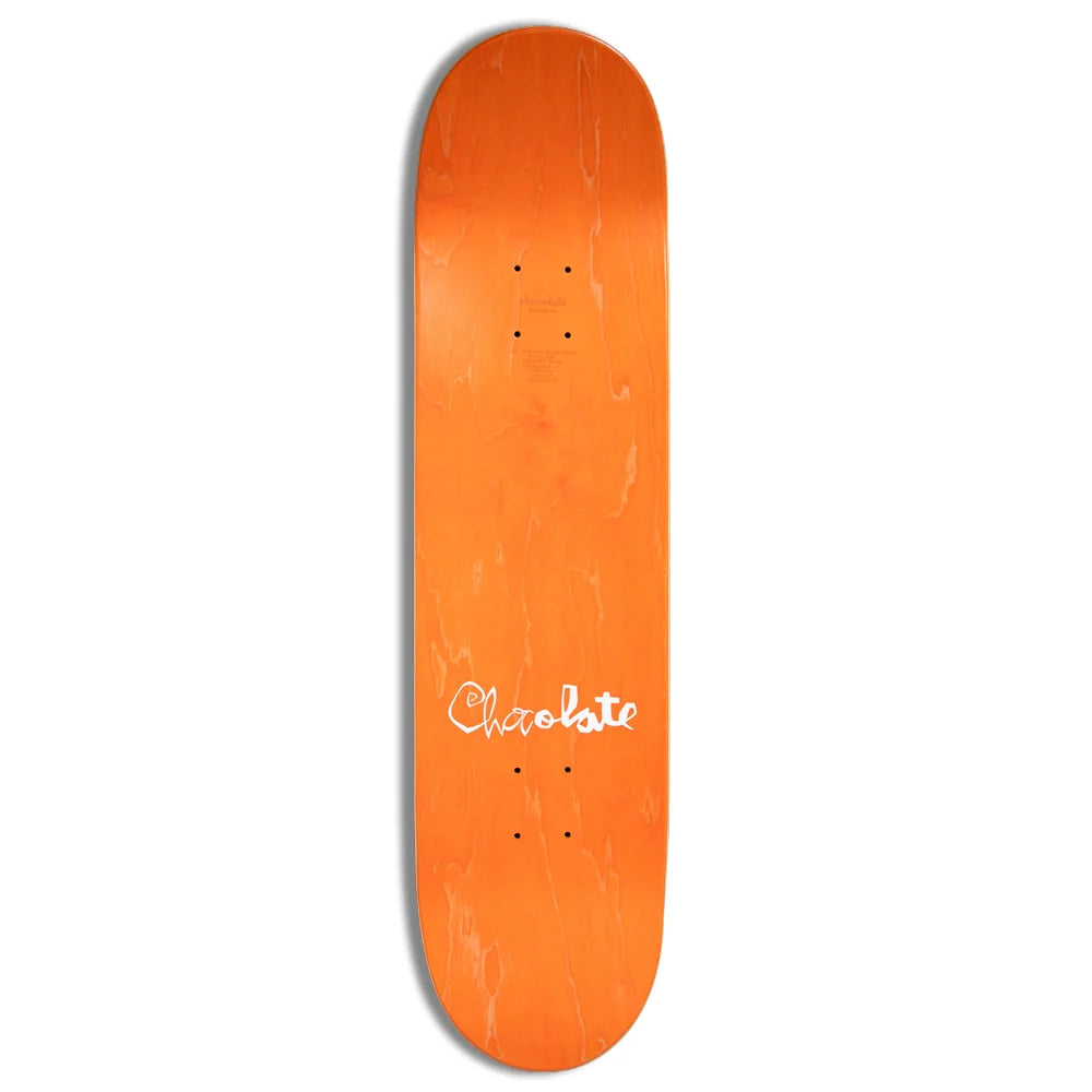 An orange skateboard deck with a white 'Chocolate' logo printed on the underside, shown against a plain white background.