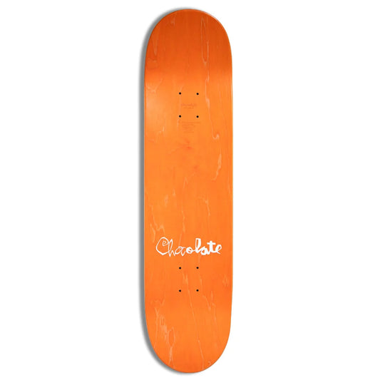 An orange skateboard deck with a white 'Chocolate' logo printed on the underside, shown against a plain white background.