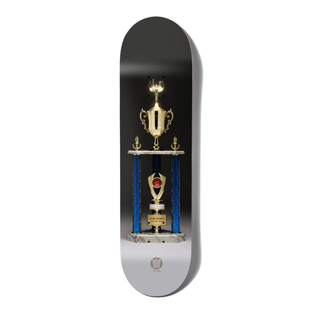 A skateboard deck featuring a printed graphic of a trophy on a black background with blue and silver vertical bars, shown on a plain white background.